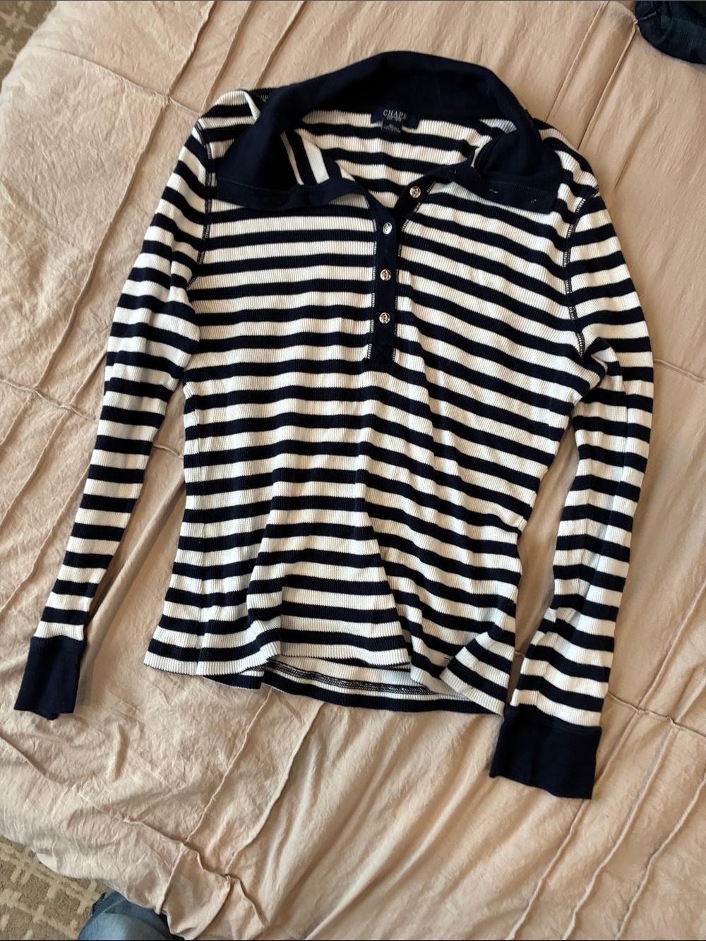 Chaps Navy & White Striped Polo Top